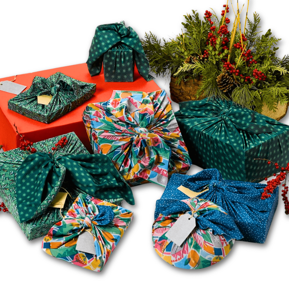 Assorted Set of 9 Reusable Cloth Furoshiki Gift Wrap | Holiday Collection - Homeland Harvest
