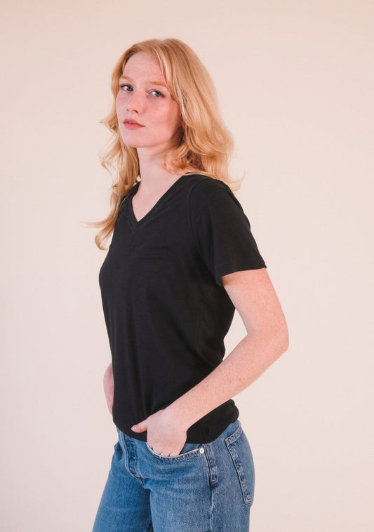 Louise Organic Cotton + Tencel ™ V-neck Tee - Black - Homeland Harvest