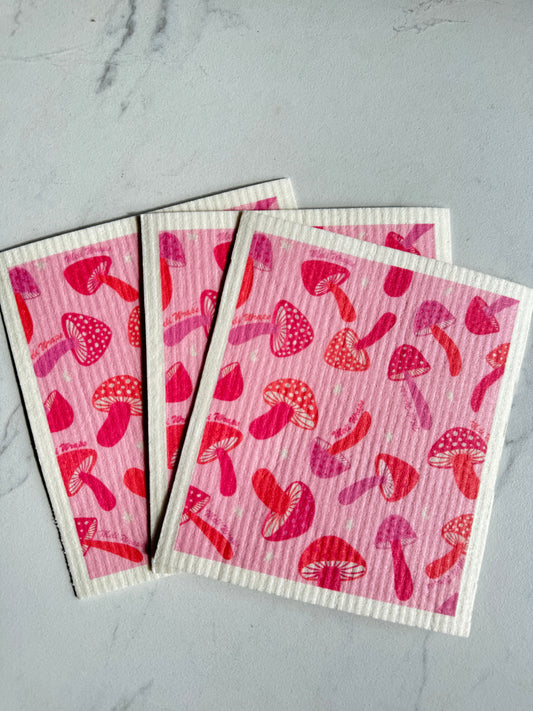 Pink Mushroom Swedish Dish Cloth Set of 3 - Homeland Harvest