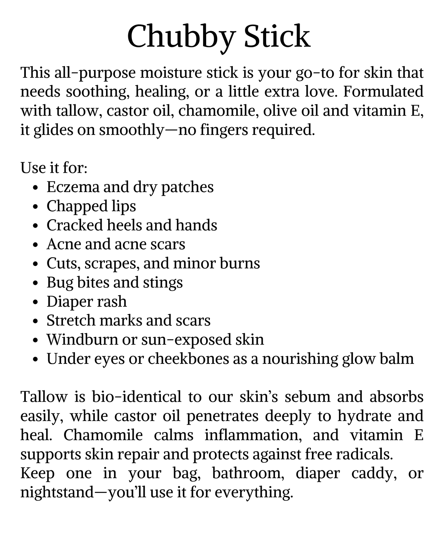Tallow and Castor Oil Chubby Stick - Homeland Harvest