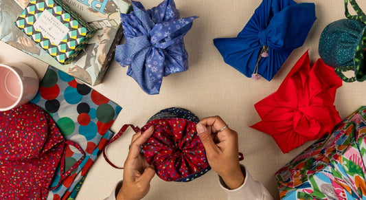 Medium Reusable Fabric Gift Bag | Blue & Red Confetti - Homeland Harvest