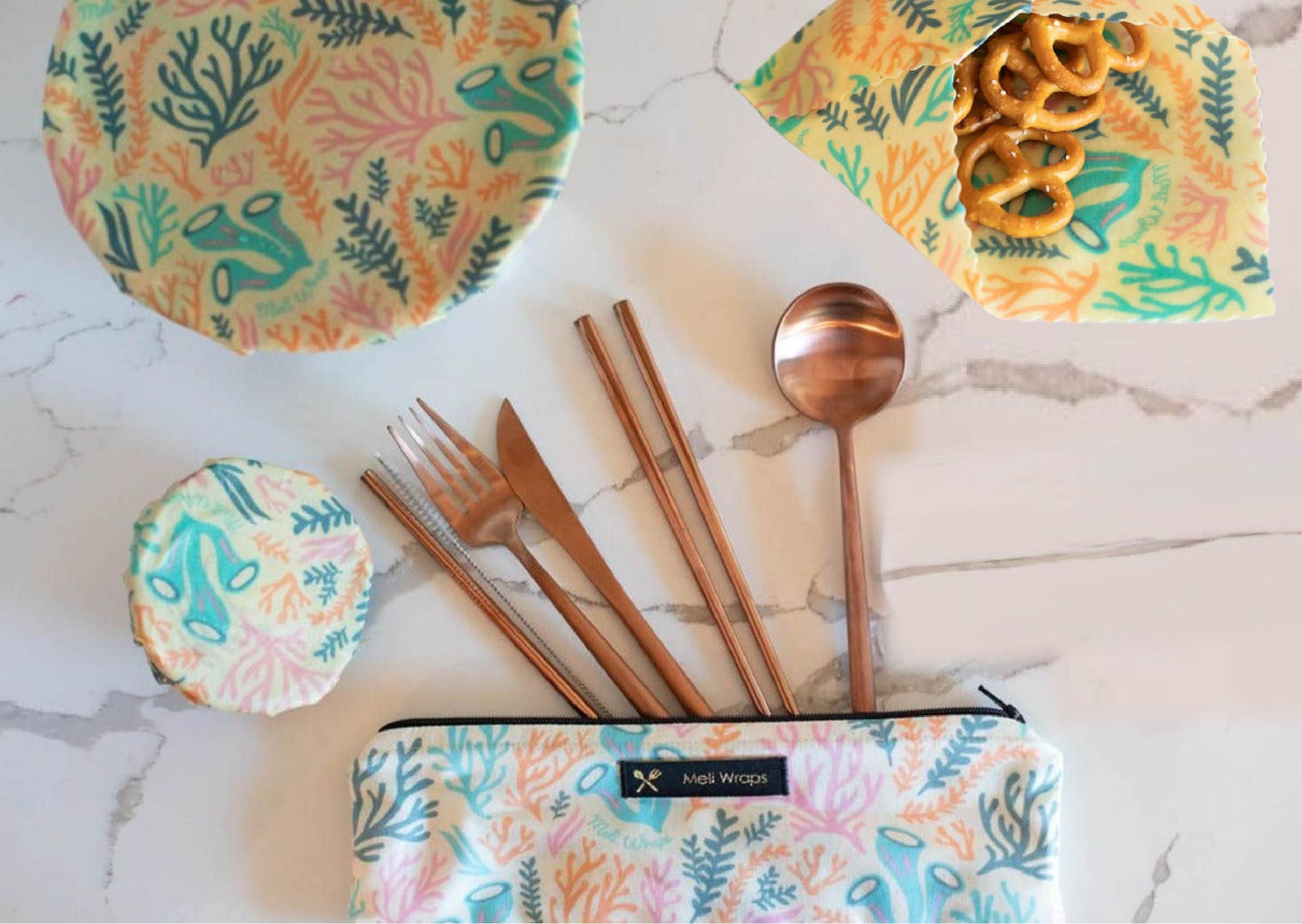 Meli Wraps Beeswax Wrap Bulk Roll + Cutlery Set in Reef Print - Homeland Harvest