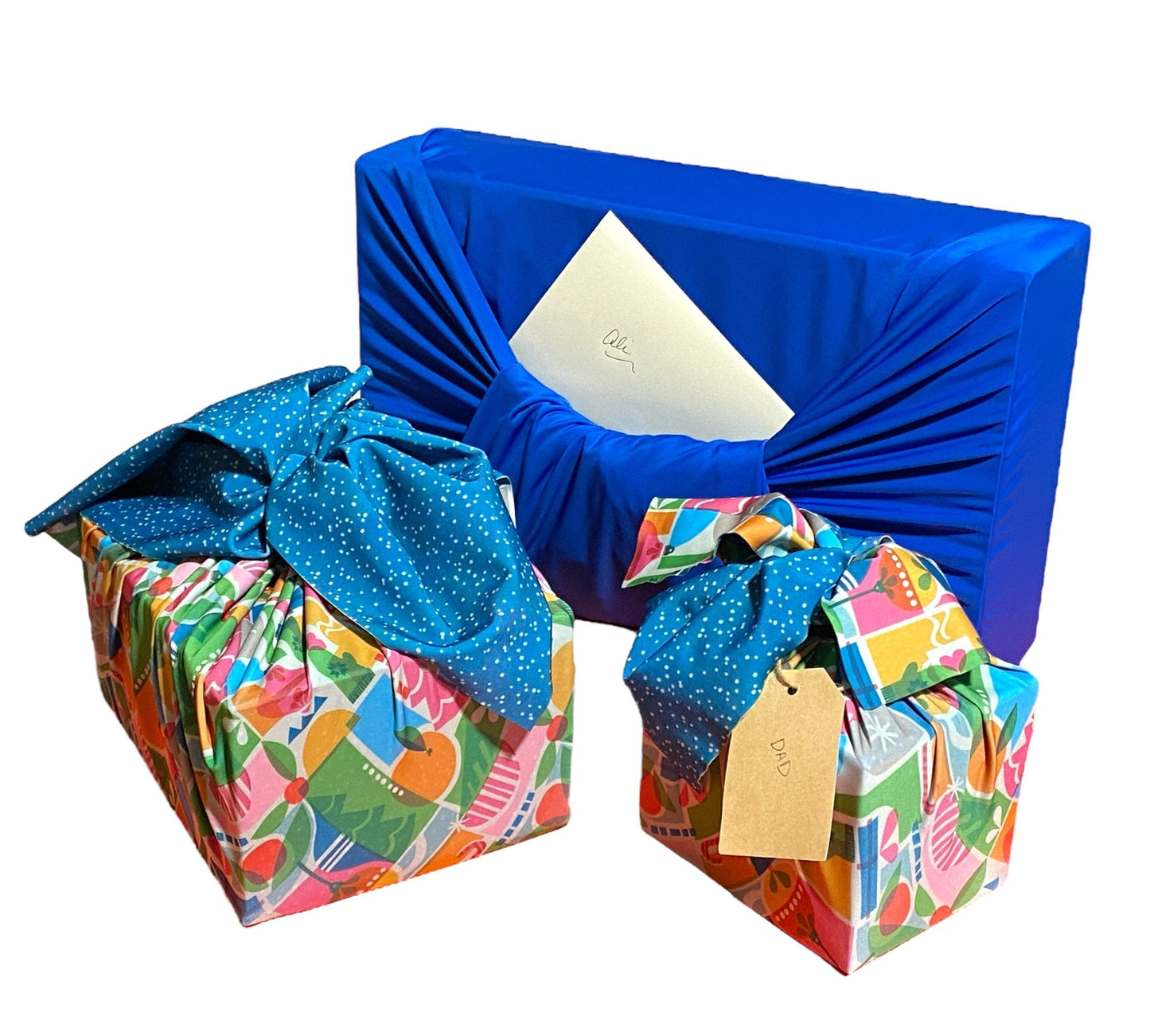 Set of 3 (S, L, XL) Reusable Cloth Furoshiki Gift Wrap | Holiday Shapes & Deep Blue - Homeland Harvest