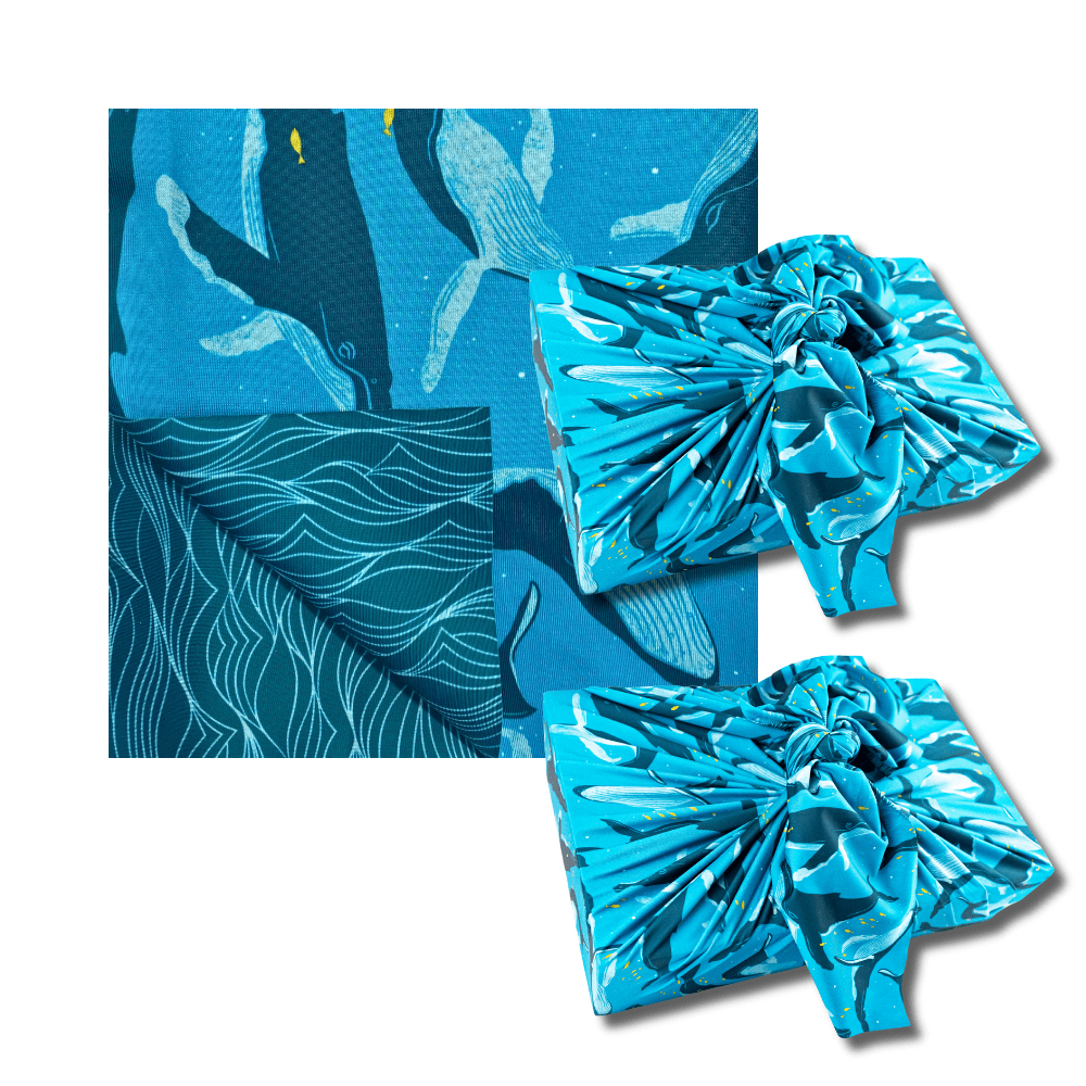 Set of 2 Large Reusable Cloth Furoshiki Gift Wrap | Whales & Waves - Homeland Harvest