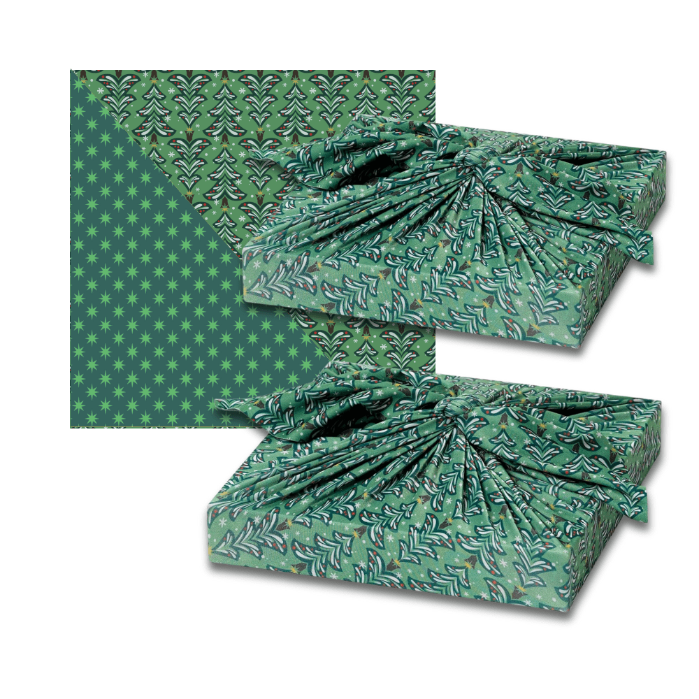 Set of 2 Large Reusable Cloth Furoshiki Gift Wrap | Christmas Trees & Stars - Homeland Harvest