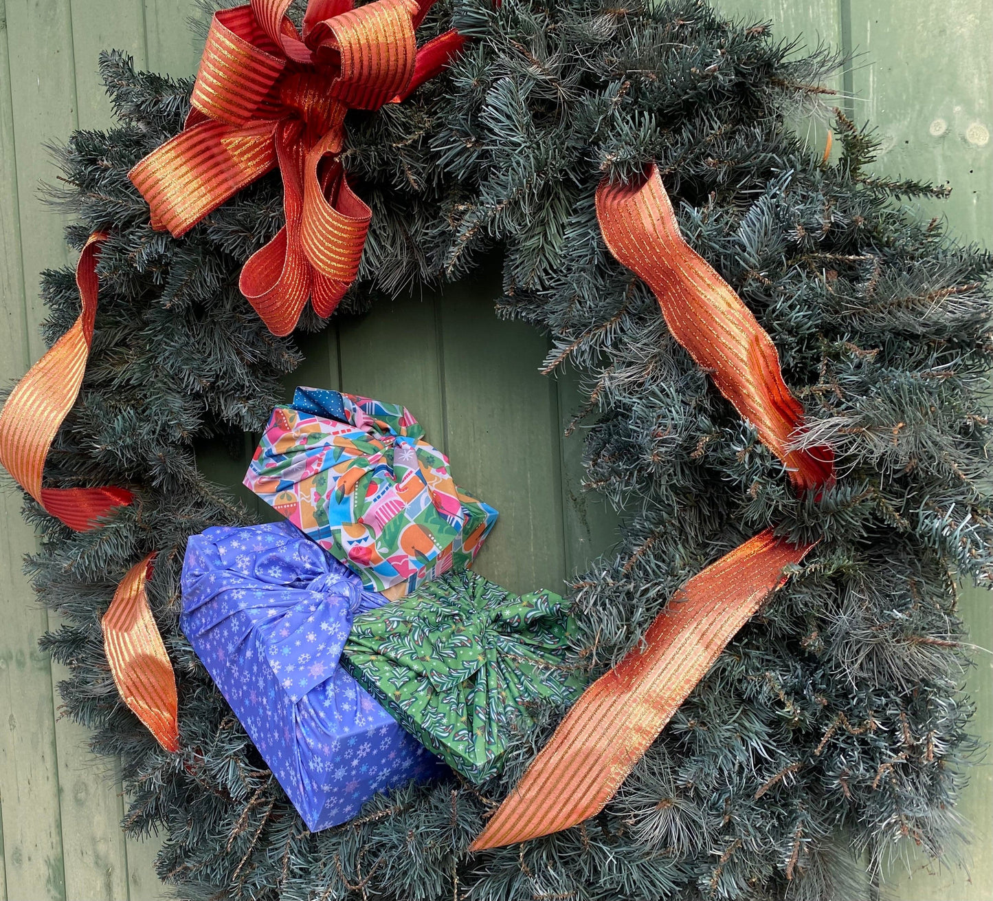 Set of 3 (S, L, XL) Reusable Cloth Furoshiki Gift Wrap | Holiday Shapes & Deep Blue - Homeland Harvest