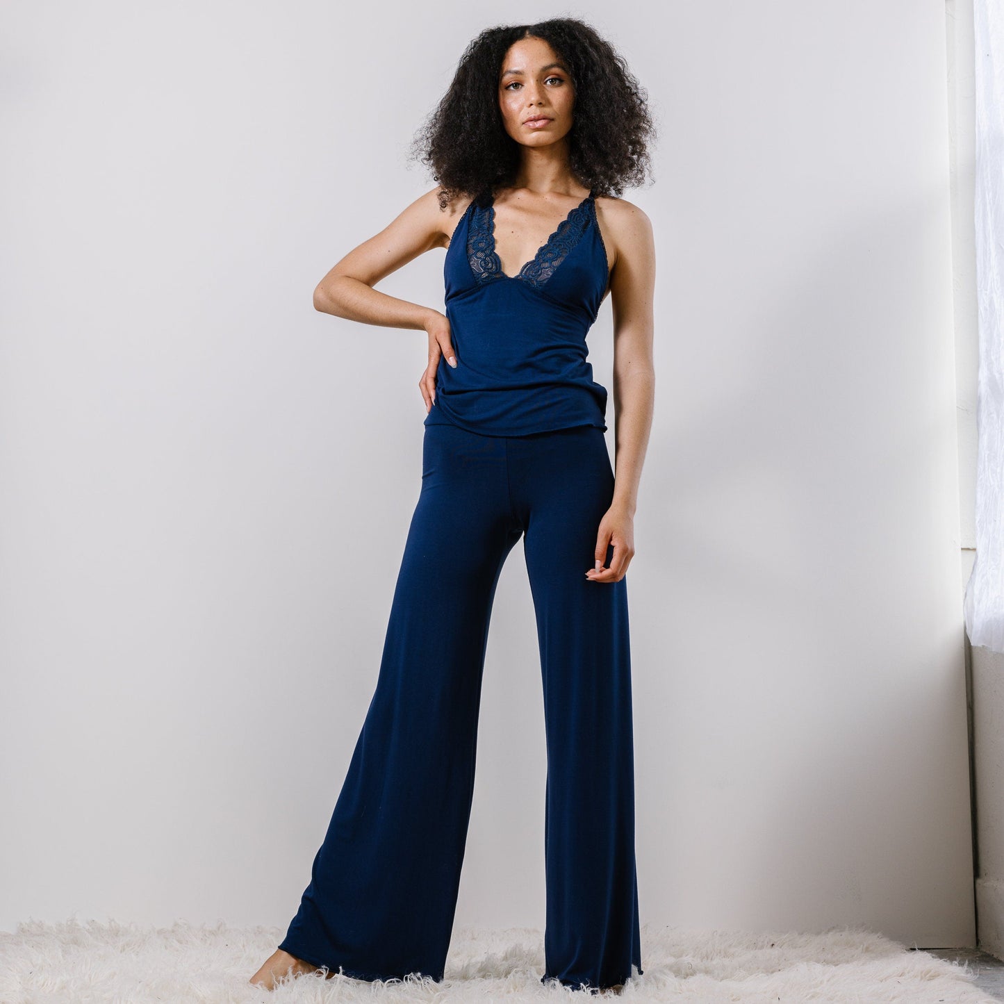 Pajama Set including Bamboo Wide Leg Foldover Pants and a lace trimmed Camisole - Homeland Harvest