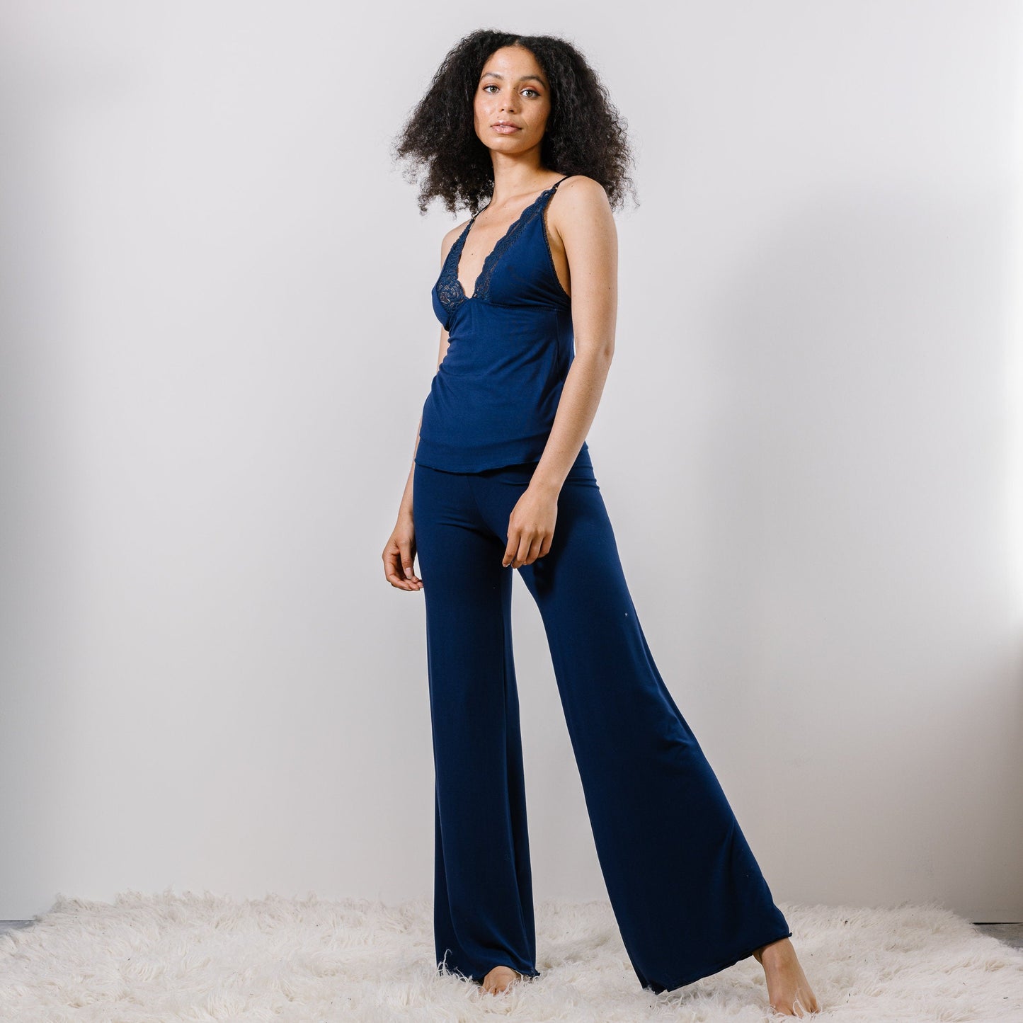 Pajama Set including Bamboo Wide Leg Foldover Pants and a lace trimmed Camisole - Homeland Harvest