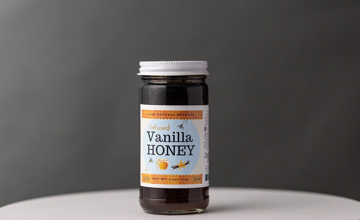 Vanilla Infused Raw Unfiltered Honey, 9oz glass jar by The Lady May