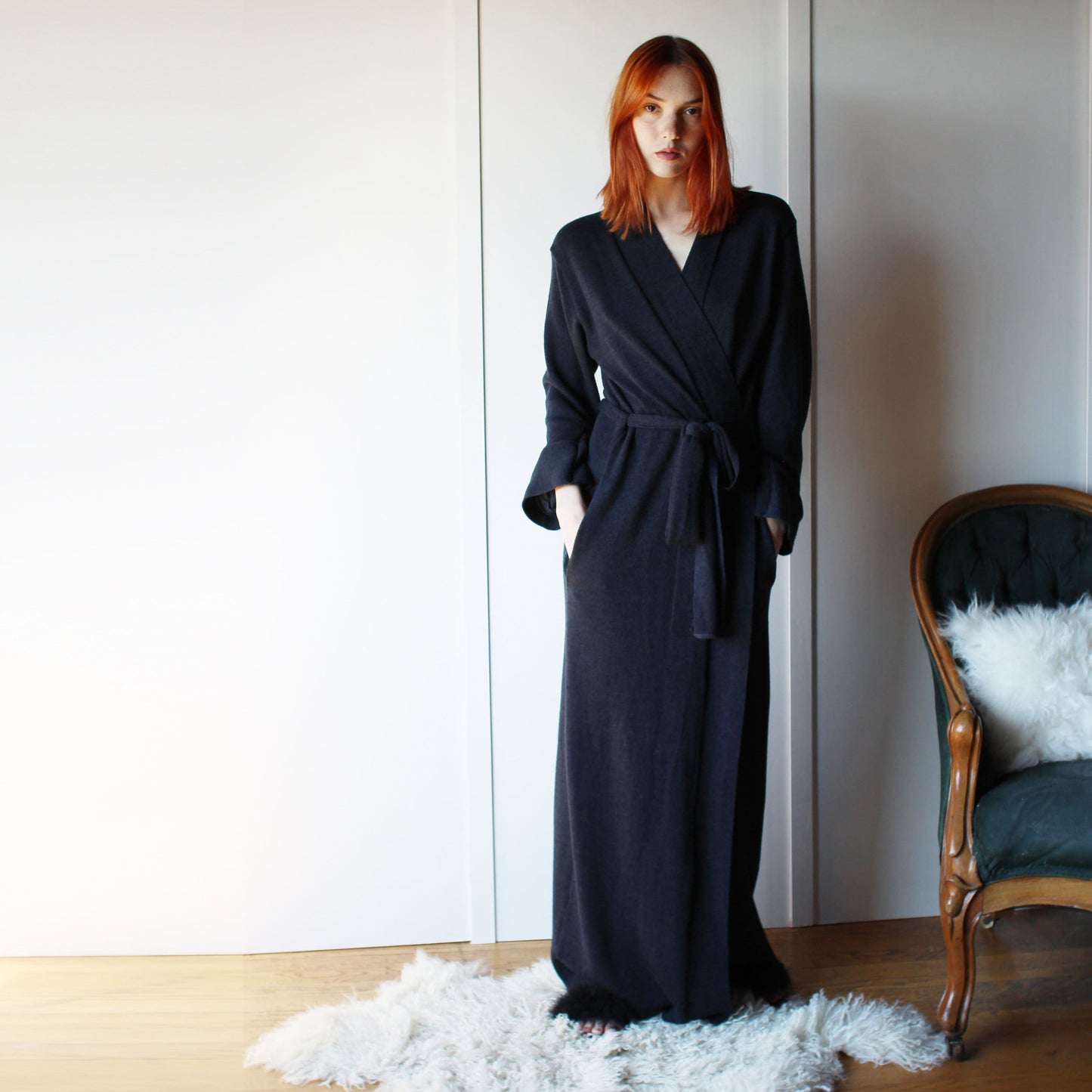 Long Wool Robe with Pockets - Homeland Harvest