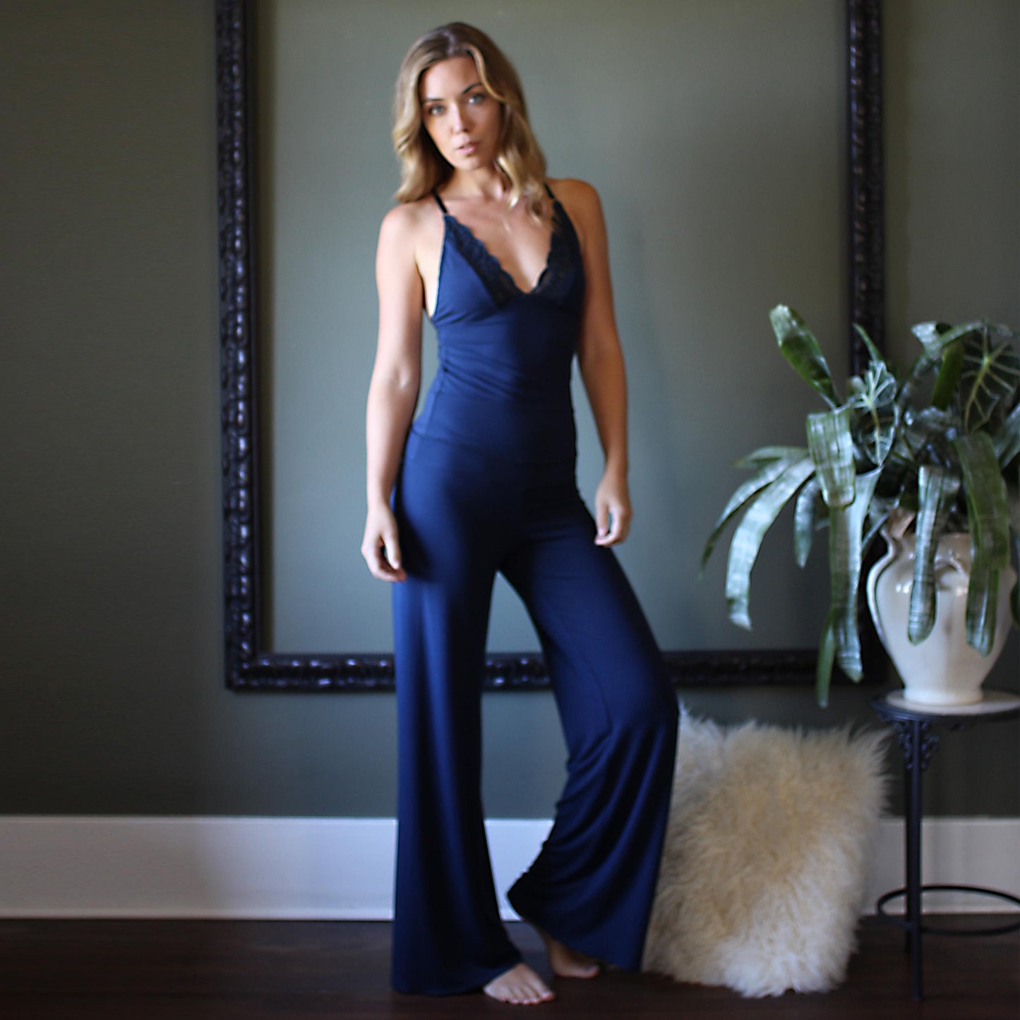 Pajama Set including Bamboo Wide Leg Foldover Pants and a lace trimmed Camisole - Homeland Harvest