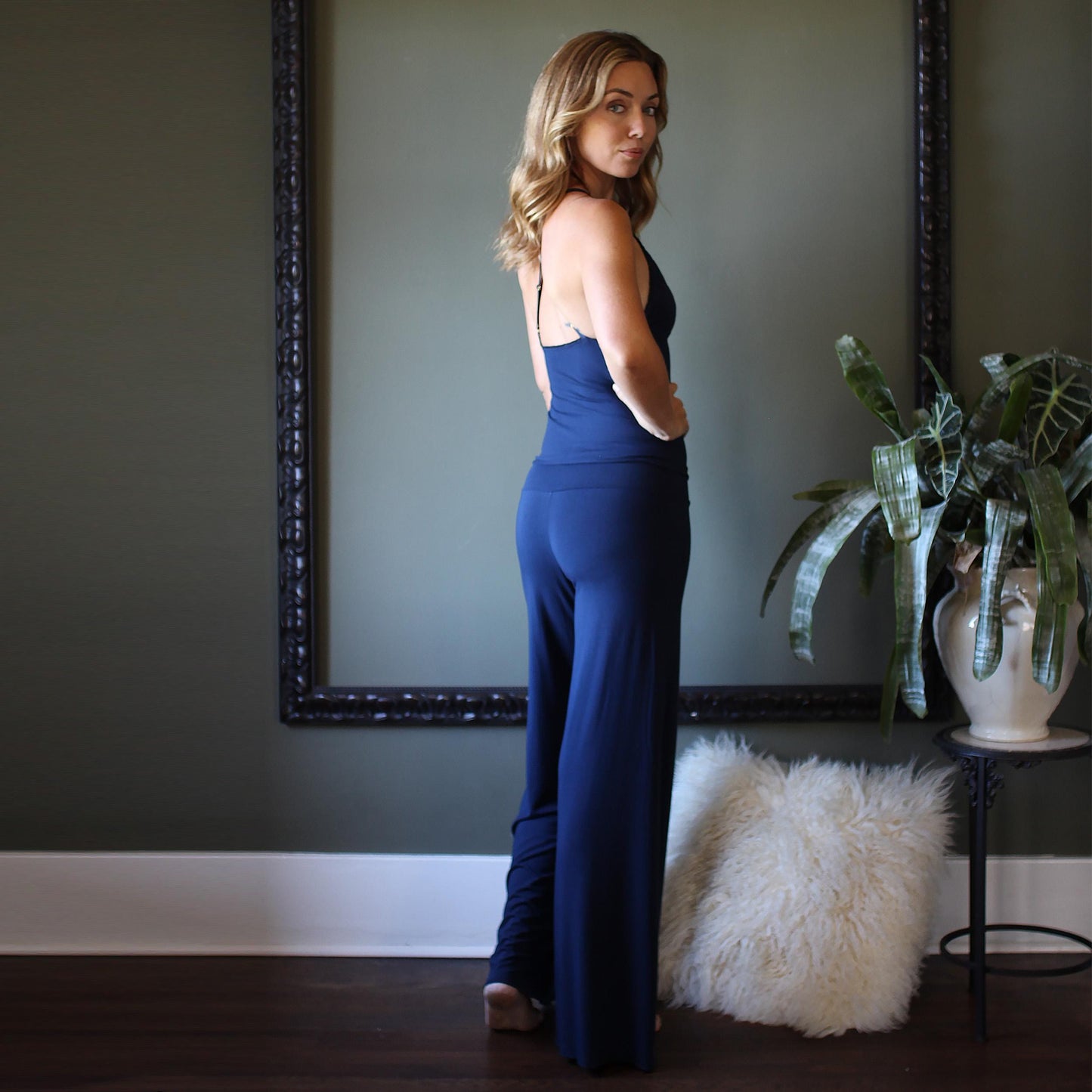 Pajama Set including Bamboo Wide Leg Foldover Pants and a lace trimmed Camisole - Homeland Harvest