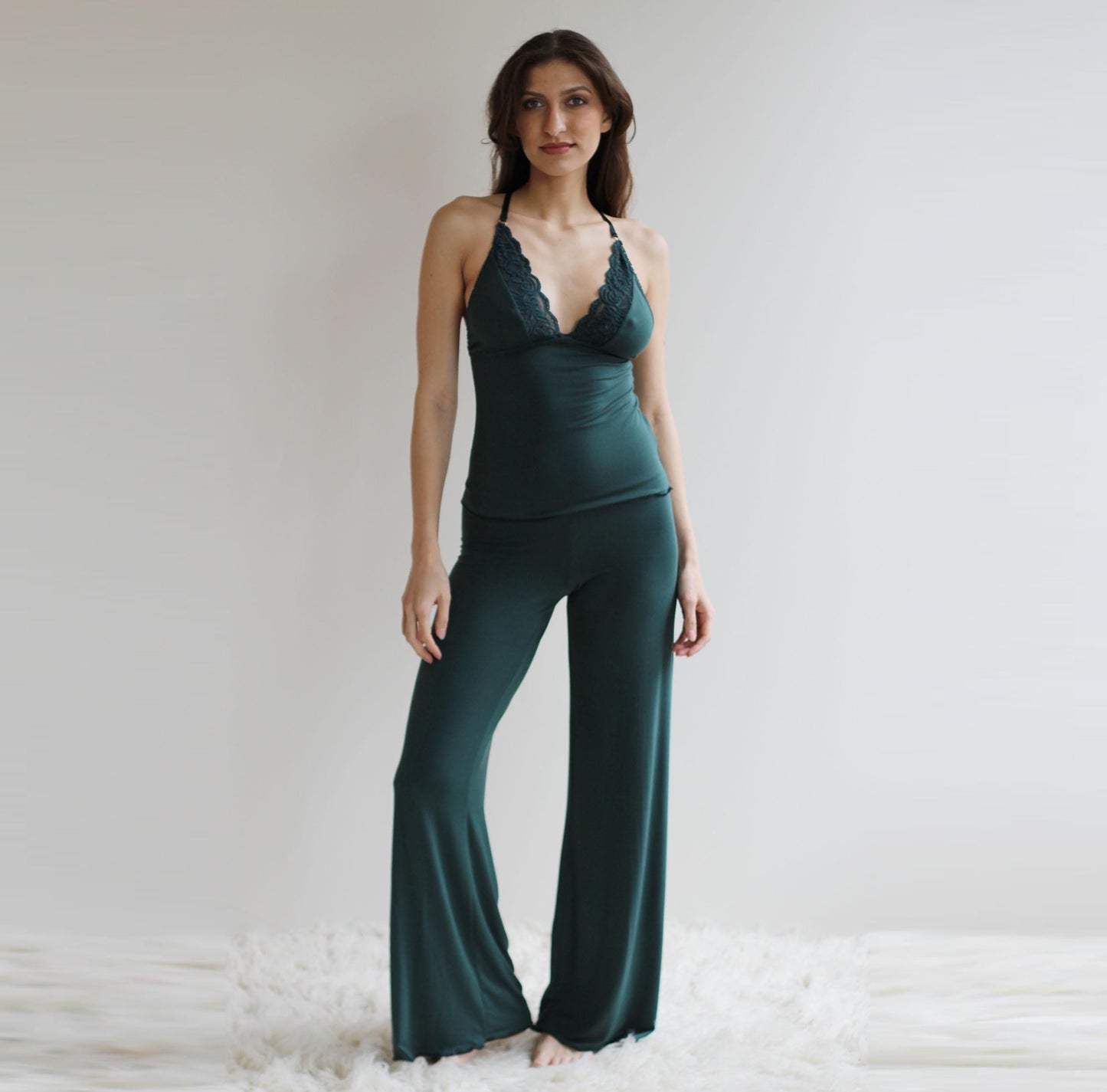 Pajama Set including Bamboo Wide Leg Foldover Pants and a lace trimmed Camisole - Homeland Harvest