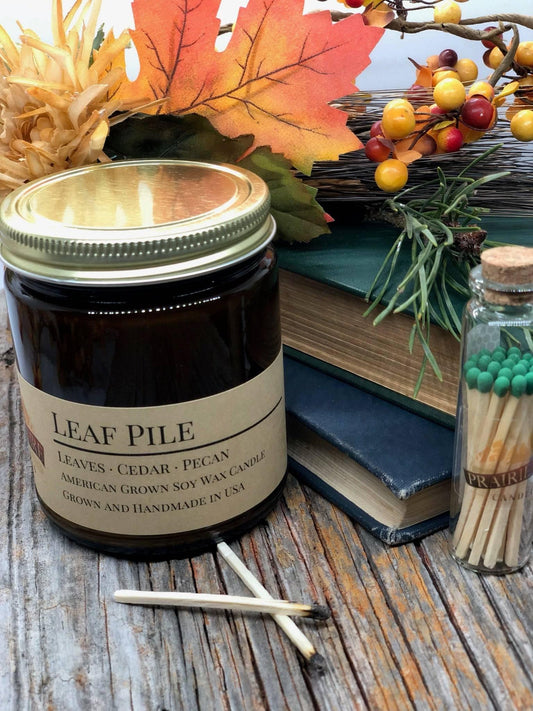 Leaf Pile Soy Wax Candle | 9 oz Amber Apothecary Jar