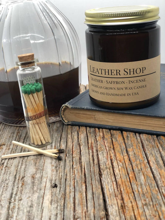 Leather Shop Soy Wax Candle | 9 oz Amber Apothecary Jar