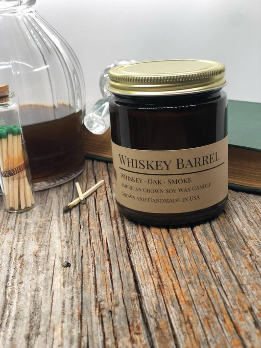 Whiskey Barrel Soy Wax Candle | 9 oz Amber Apothecary Jar