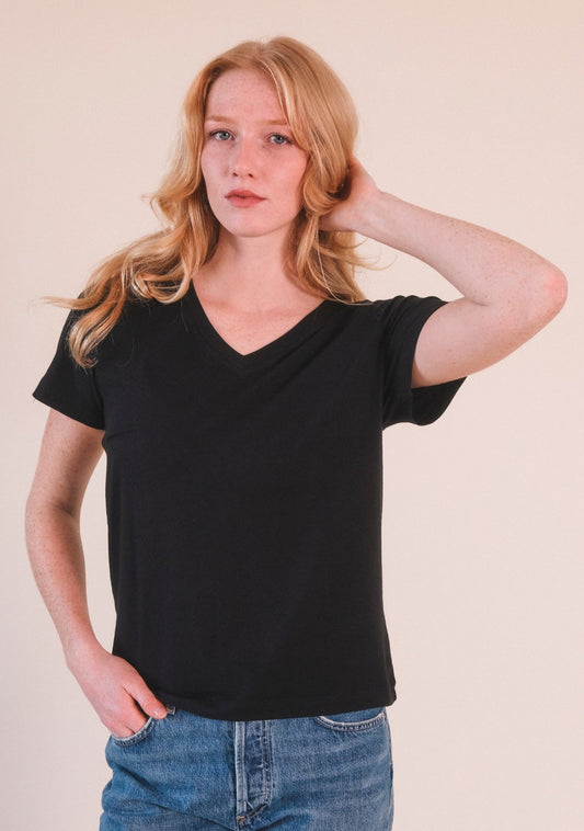 Louise Organic Cotton + Tencel ™ V-neck Tee - Black - Homeland Harvest
