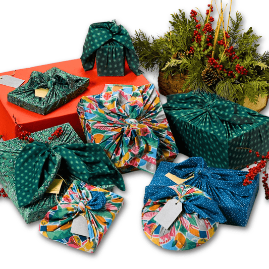 Assorted Set of 9 Reusable Cloth Furoshiki Gift Wrap | Holiday Collection - Homeland Harvest