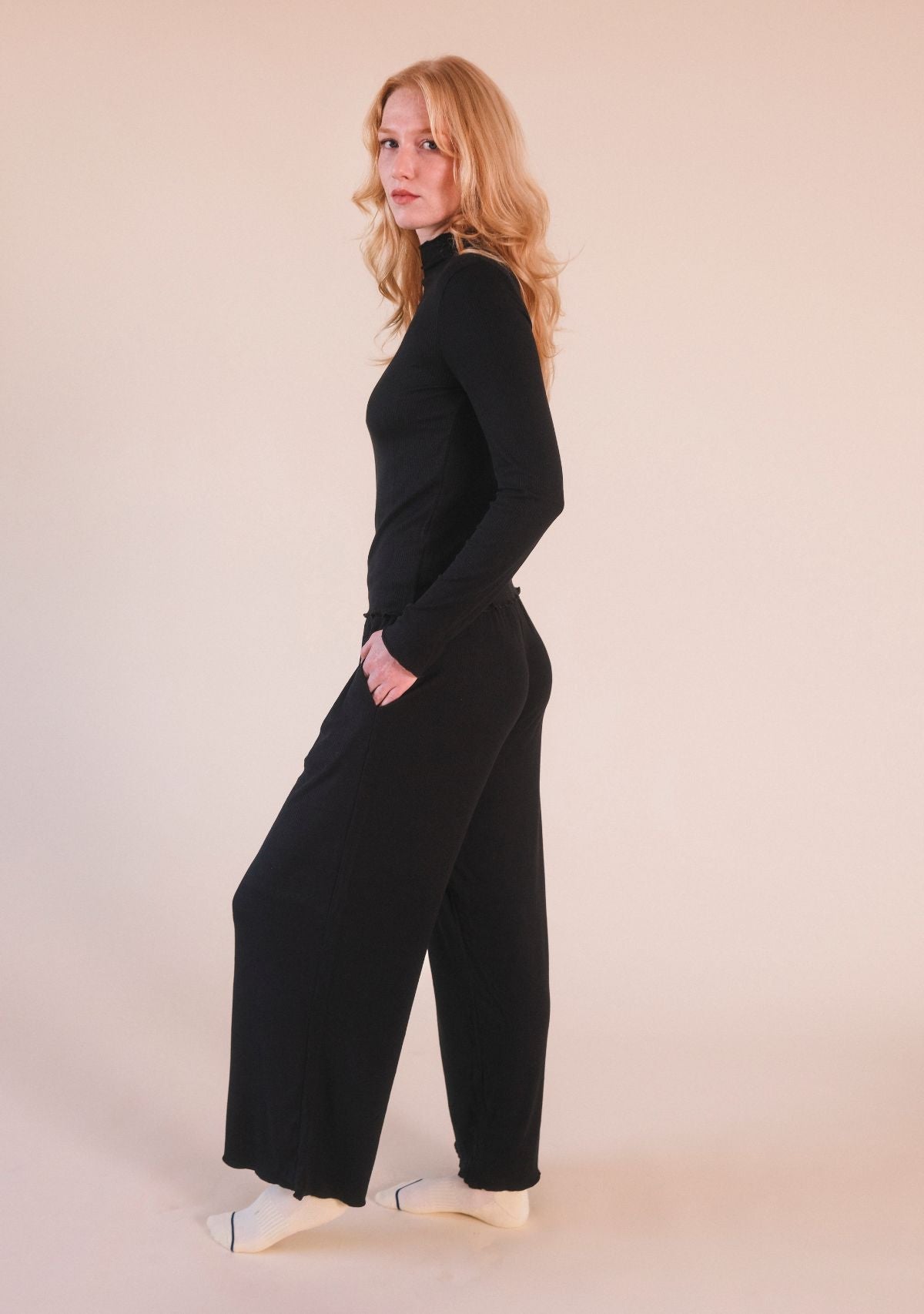 Hedy Ribbed Modal Lounge Pant- Black - Homeland Harvest