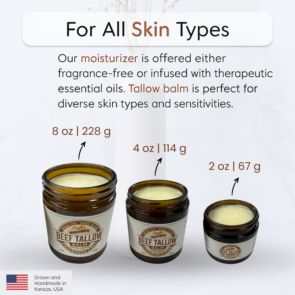 Grass Fed Beef Tallow Balm - 4 oz - Made in USA - Organic Grass Fed and Finished Tallow - Moisturizing Skin Care