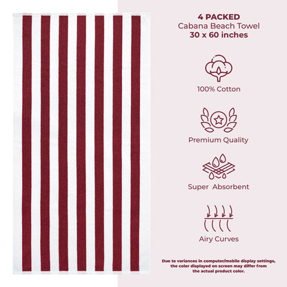 American Soft Linen, Premium Cotton 4 Pack Beach Towels, 30" x 60" Cabana Striped Pool Towels