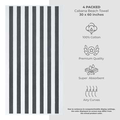 American Soft Linen, Premium Cotton 4 Pack Beach Towels, 30" x 60" Cabana Striped Pool Towels