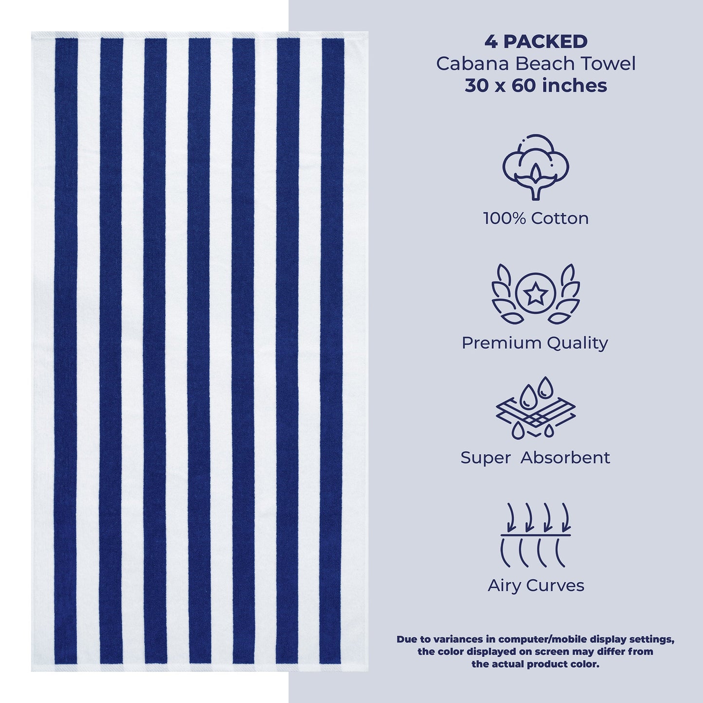 American Soft Linen, Premium Cotton 4 Pack Beach Towels, 30" x 60" Cabana Striped Pool Towels