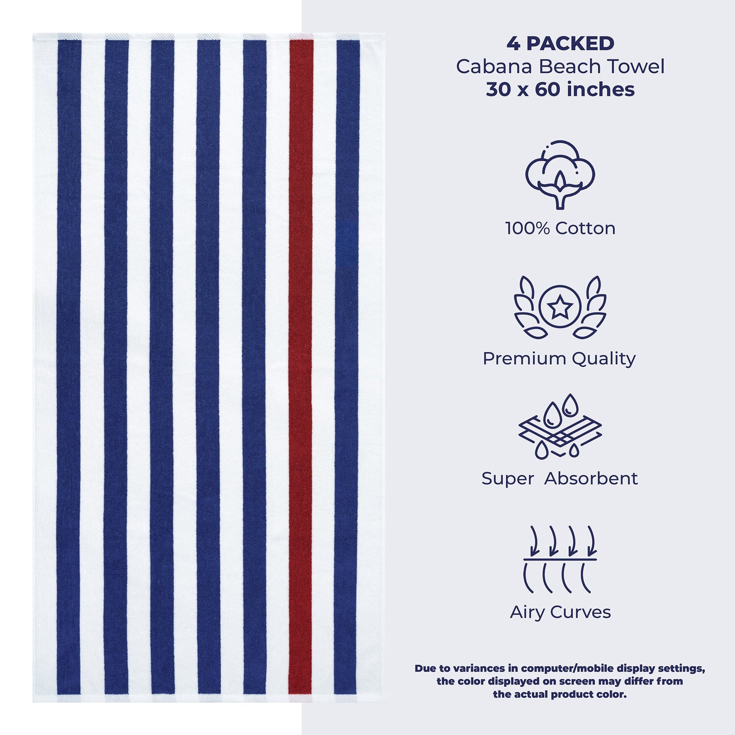 American Soft Linen, Premium Cotton 4 Pack Beach Towels, 30" x 60" Cabana Striped Pool Towels