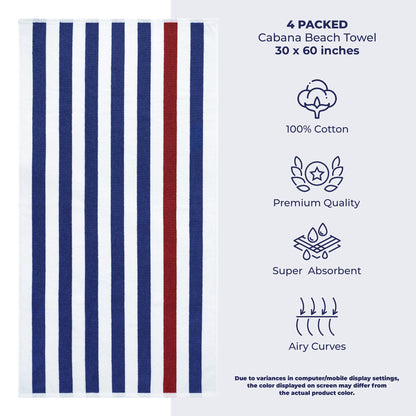 American Soft Linen, Premium Cotton 4 Pack Beach Towels, 30" x 60" Cabana Striped Pool Towels
