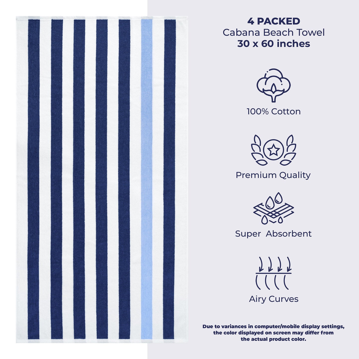 American Soft Linen, Premium Cotton 4 Pack Beach Towels, 30" x 60" Cabana Striped Pool Towels