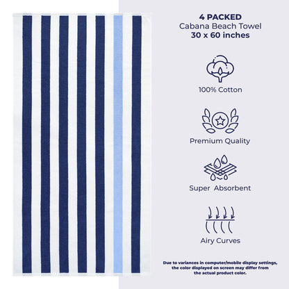 American Soft Linen, Premium Cotton 4 Pack Beach Towels, 30" x 60" Cabana Striped Pool Towels