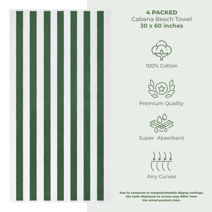 American Soft Linen, Premium Cotton 4 Pack Beach Towels, 30" x 60" Cabana Striped Pool Towels