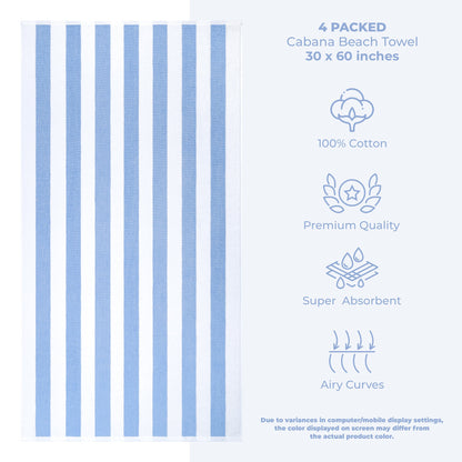 American Soft Linen, Premium Cotton 4 Pack Beach Towels, 30" x 60" Cabana Striped Pool Towels