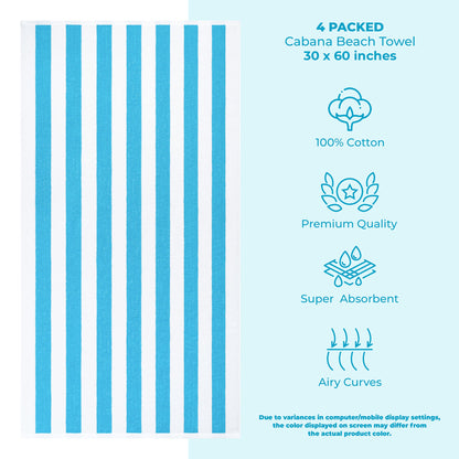 American Soft Linen, Premium Cotton 4 Pack Beach Towels, 30" x 60" Cabana Striped Pool Towels