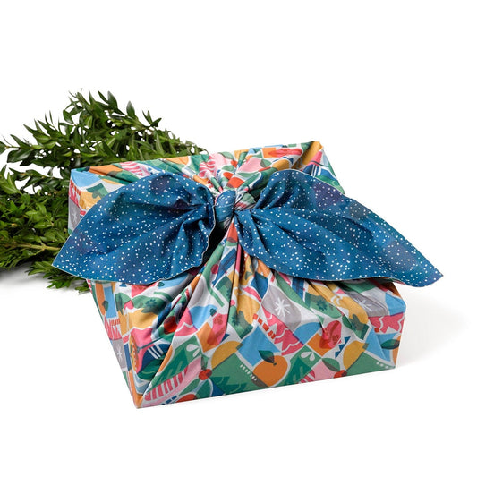 Set of 3 (S, L, XL) Reusable Cloth Furoshiki Gift Wrap | Holiday Shapes & Deep Blue - Homeland Harvest