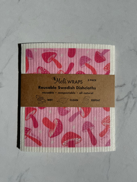 Pink Mushroom Swedish Dish Cloth Set of 3 - Homeland Harvest