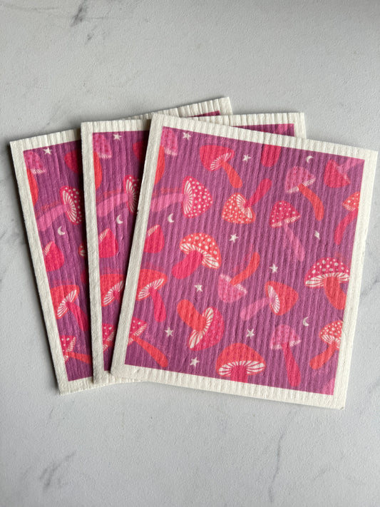 Purple Mushroom Swedish Dish Cloth Set of 3 - Homeland Harvest