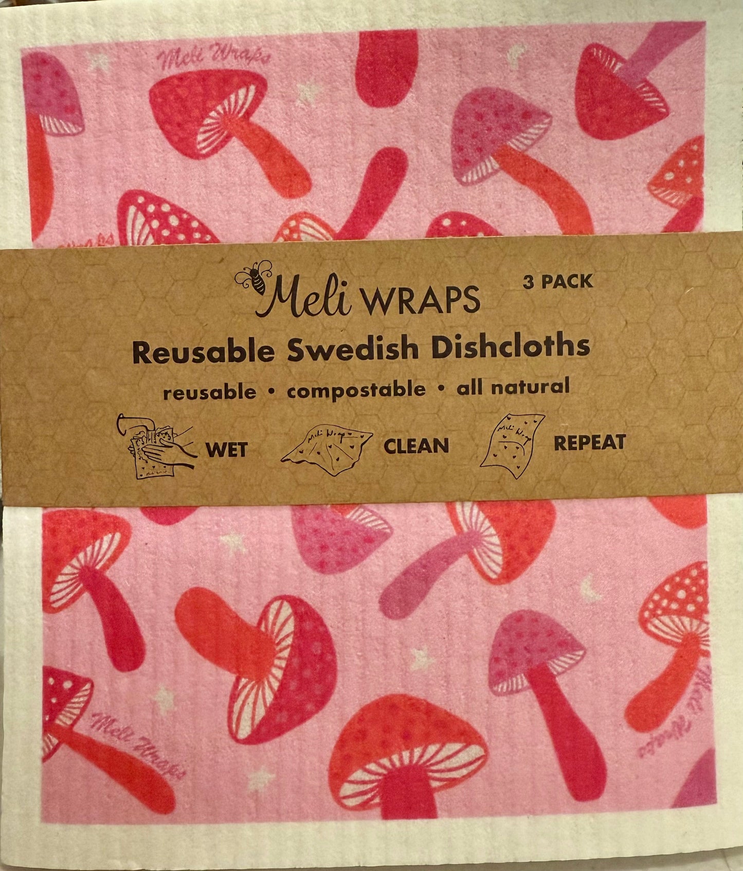 Pink Mushroom Swedish Dish Cloth Set of 3 - Homeland Harvest