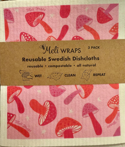Pink Mushroom Swedish Dish Cloth Set of 3 - Homeland Harvest
