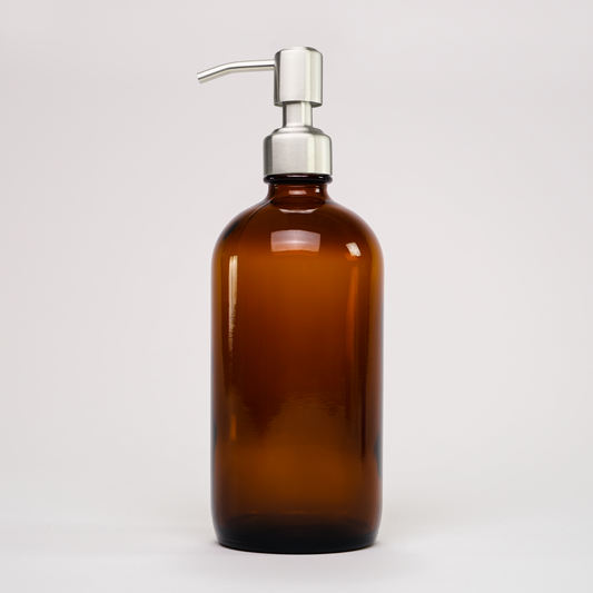 16 oz Amber Glass Keeper Bottle | Stainless Steel Pump - Homeland Harvest