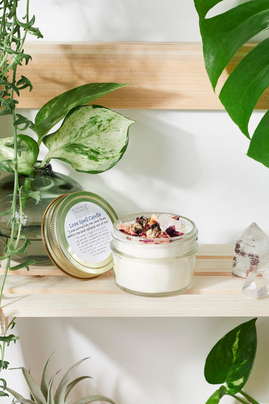 Love Spell / Intention Candle/ Ritual Candle / Love and Light / Rose Quartz / Crystal Candle - Homeland Harvest