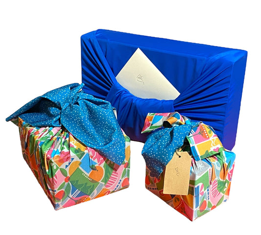 Set of 3 (S, L, XL) Reusable Cloth Furoshiki Gift Wrap | Holiday Shapes & Deep Blue - Homeland Harvest