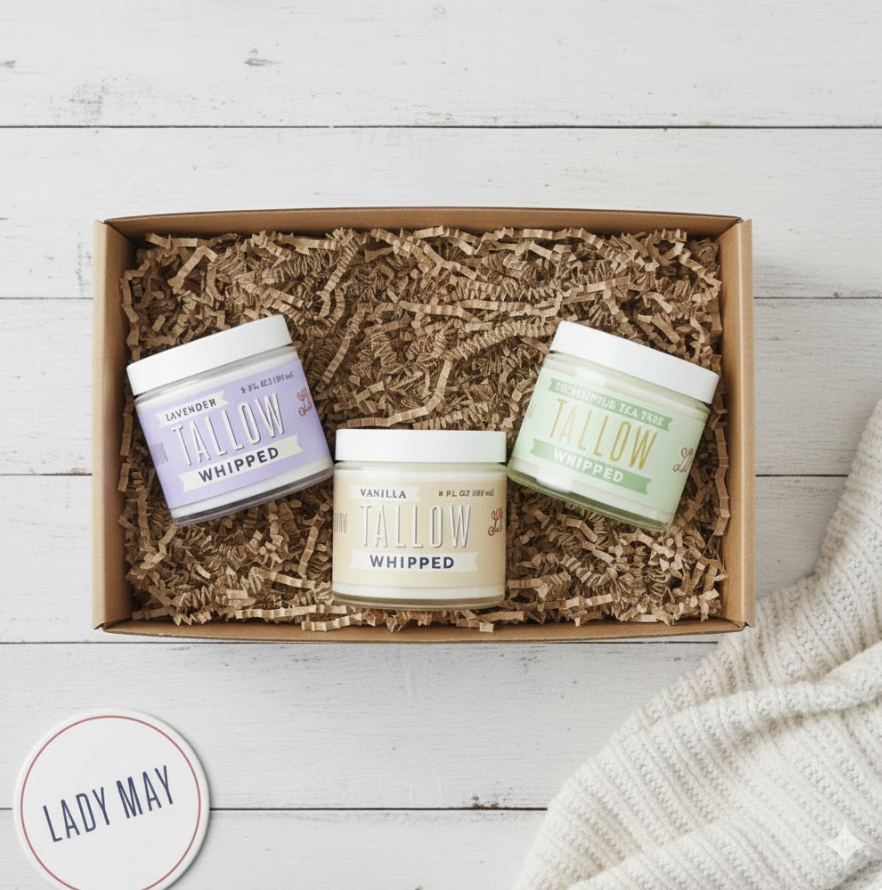Whipped Tallow Trio - 9oz - Lavender, Vanilla, Eucalyptus Premium Quality All Natural Gift Box by The Lady May