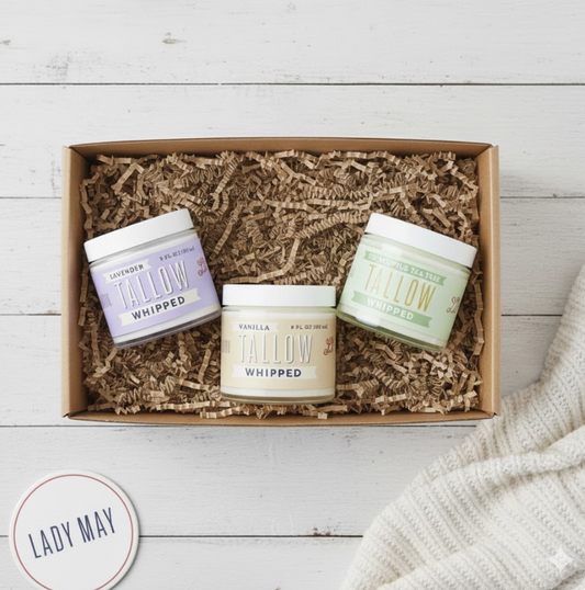 Whipped Tallow Trio - 9oz - Lavender, Vanilla, Eucalyptus Premium Quality All Natural Gift Box by The Lady May