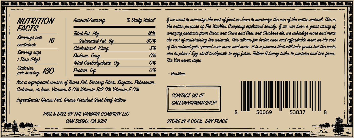 *New* VanMan's Cooking Tallow - 9 oz - Homeland Harvest