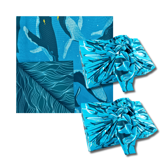 Set of 2 Large Reusable Cloth Furoshiki Gift Wrap | Whales & Waves - Homeland Harvest