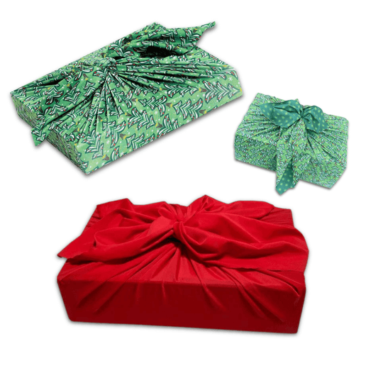 Set of 3 (S, L, XL) Reusable Cloth Furoshiki Gift Wrap | Christmas Trees & Bright Red - Homeland Harvest