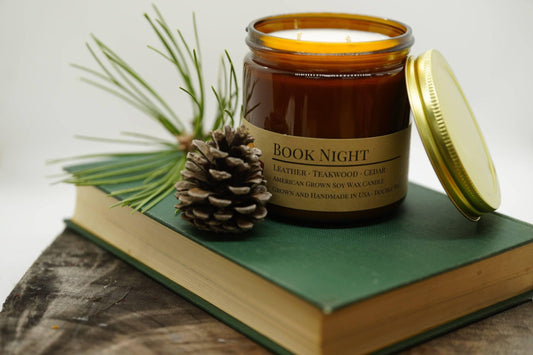 Book Night Soy Wax Candle | 16 oz Double Wick Amber Apothecary Jar Candle