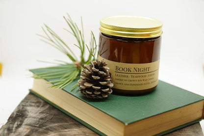 Book Night Soy Wax Candle | 16 oz Double Wick Amber Apothecary Jar Candle