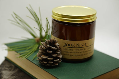 Book Night Soy Wax Candle | 16 oz Double Wick Amber Apothecary Jar Candle
